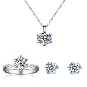 NEW 4Pc Women’s Zirconia Earrings Pendant Necklace & Shiny Ring Set (925silver)